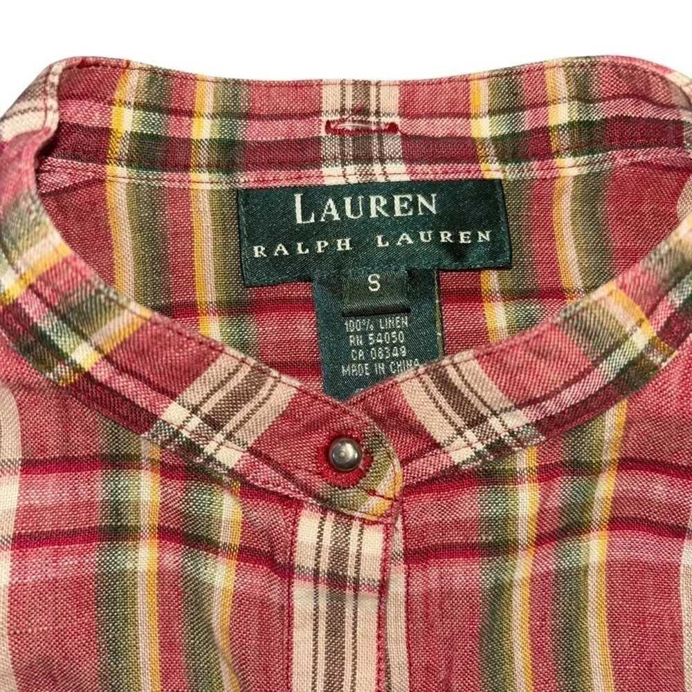 Lauren Ralph Lauren 100% Linen Plaid Collarless Button Down Blouse Women’s S